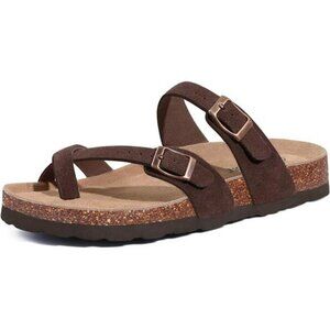 Suede Cork Footbed Sandals Women Adjustable Buckle Summer Comfort Slides